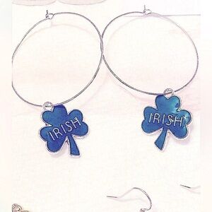 LUCKY Clover Irish Silver Medium Hoop Earrings Shamrock Charm NEW ST Patty’s Day